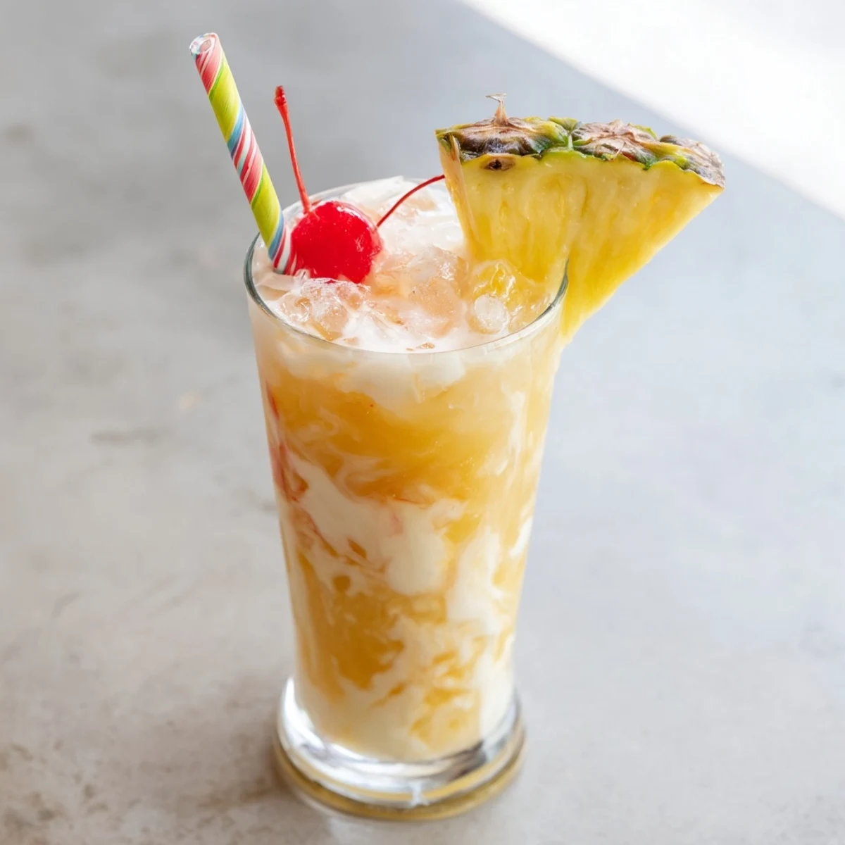 Tall glass of Tropical Thunder Dirty Soda with cherry, mint, and a swirled tropical cream layer