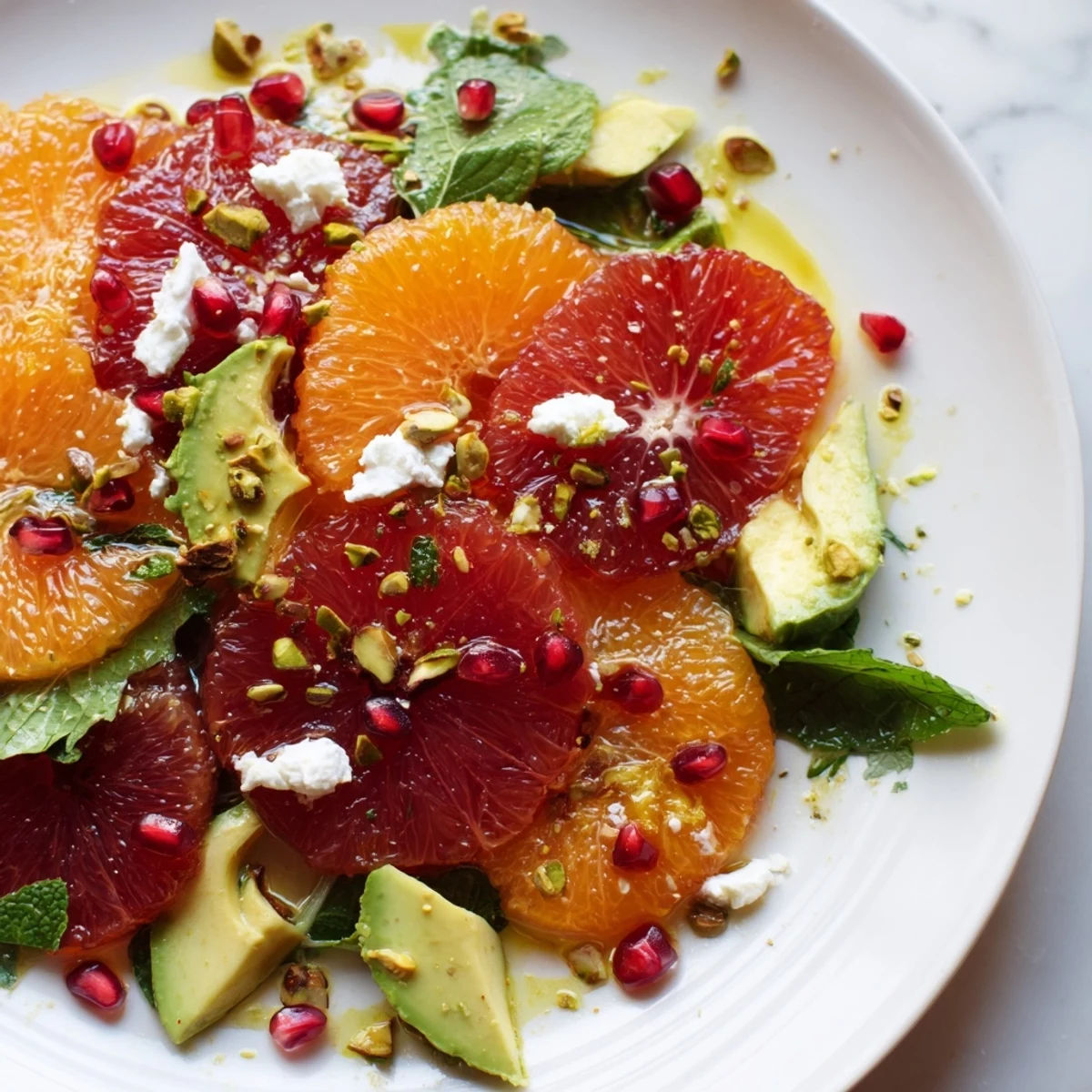 Bright citrus salad with pomegranate jewels, creamy avocado, and crumbled feta on greens