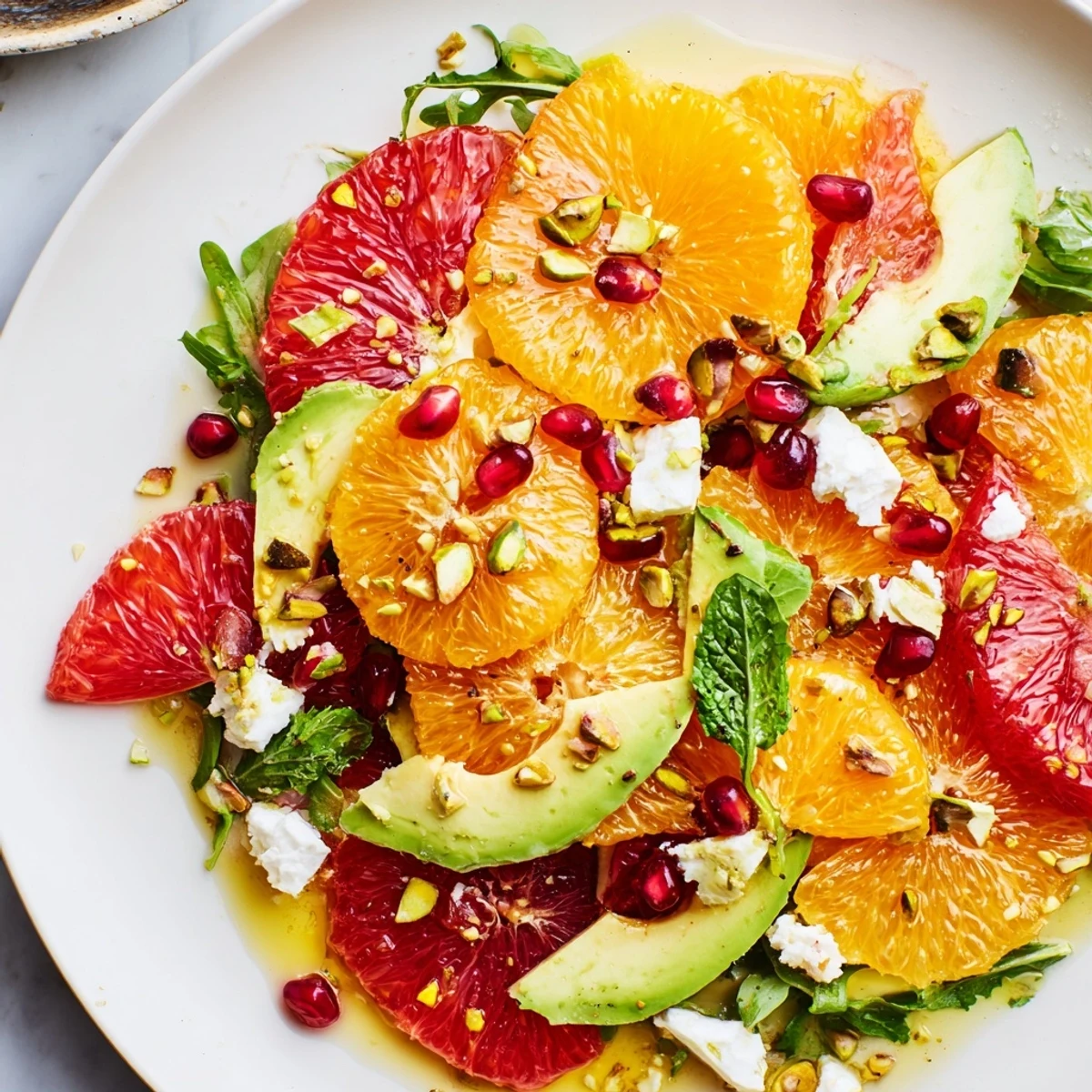 Vibrant citrus salad topped with ruby pomegranate seeds, sliced avocado, and tangy feta