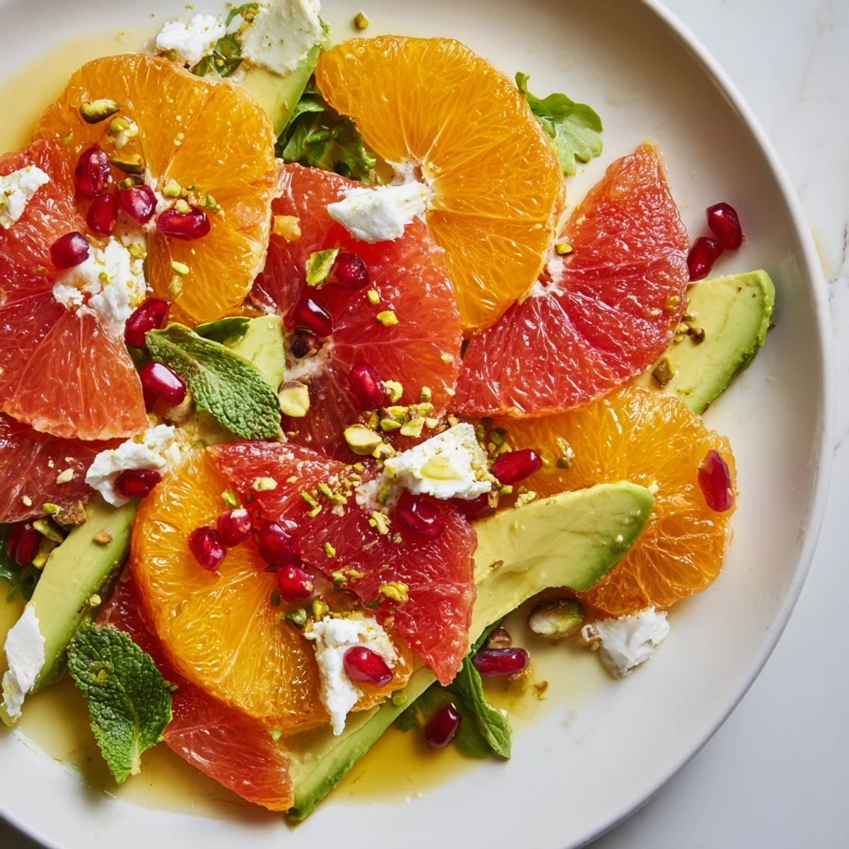 Colorful citrus salad with pomegranate arils, smooth avocado chunks, and feta on arugula