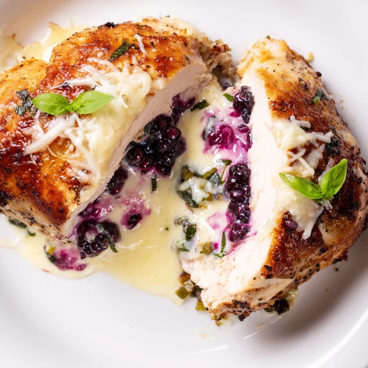 Golden baked blackberry jalapeno stuffed chicken oozing with creamy melted goat cheese