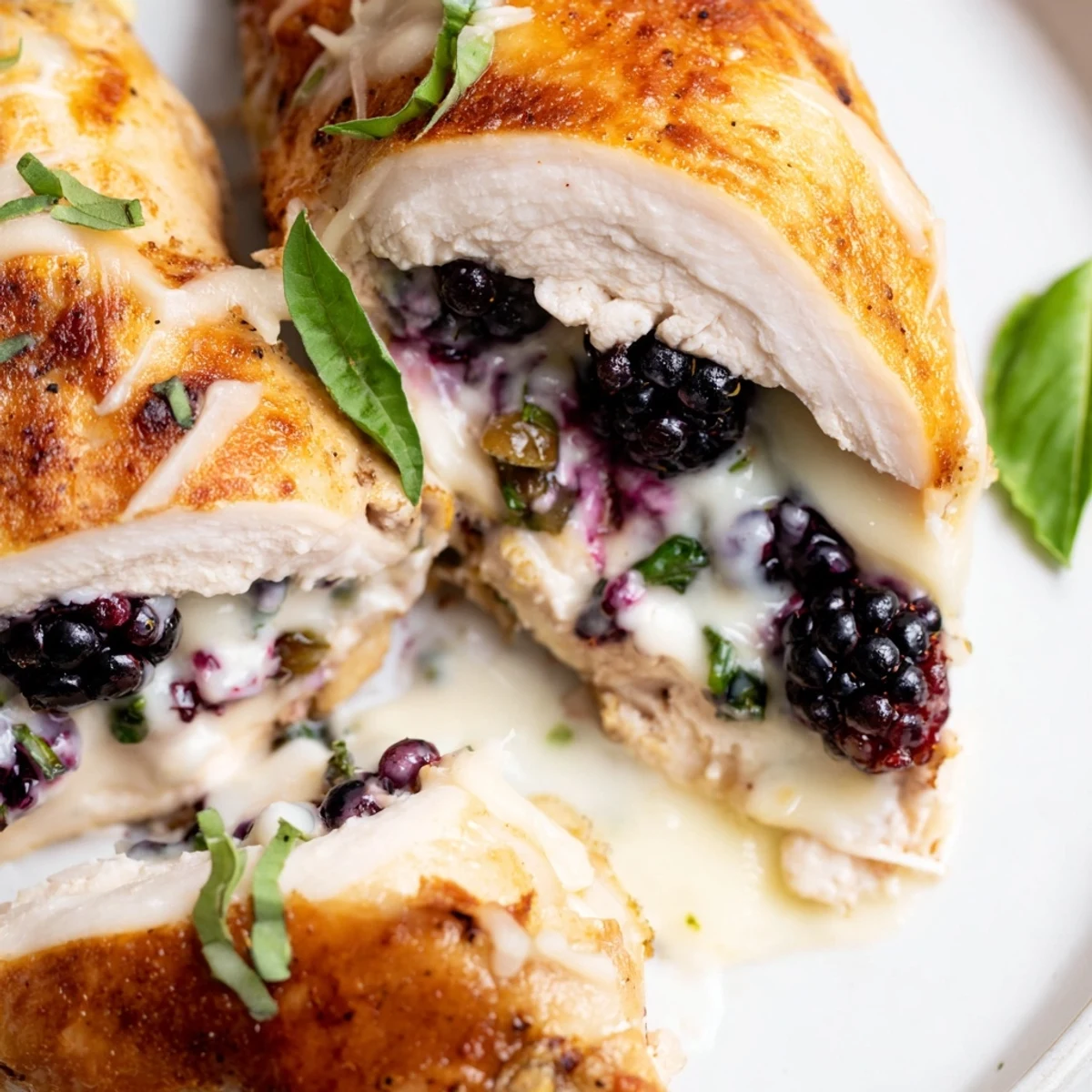 Juicy blackberry jalapeno stuffed chicken seared crisp and bubbling with mozzarella on top