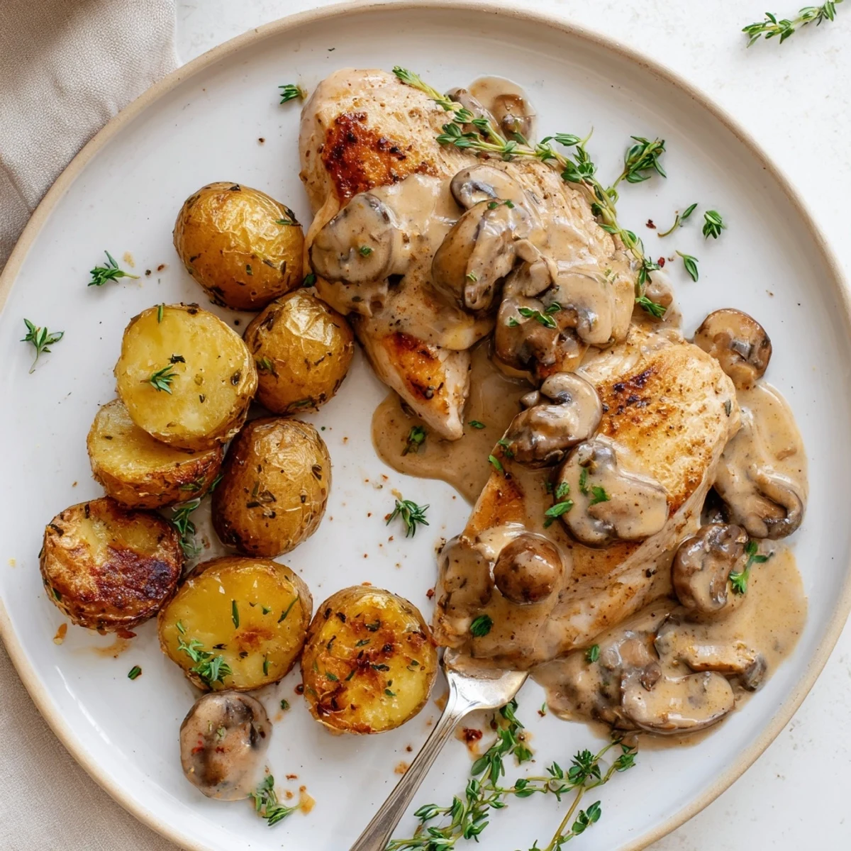 Creamy mushroom chicken with golden herb potatoes served on a rustic white plate