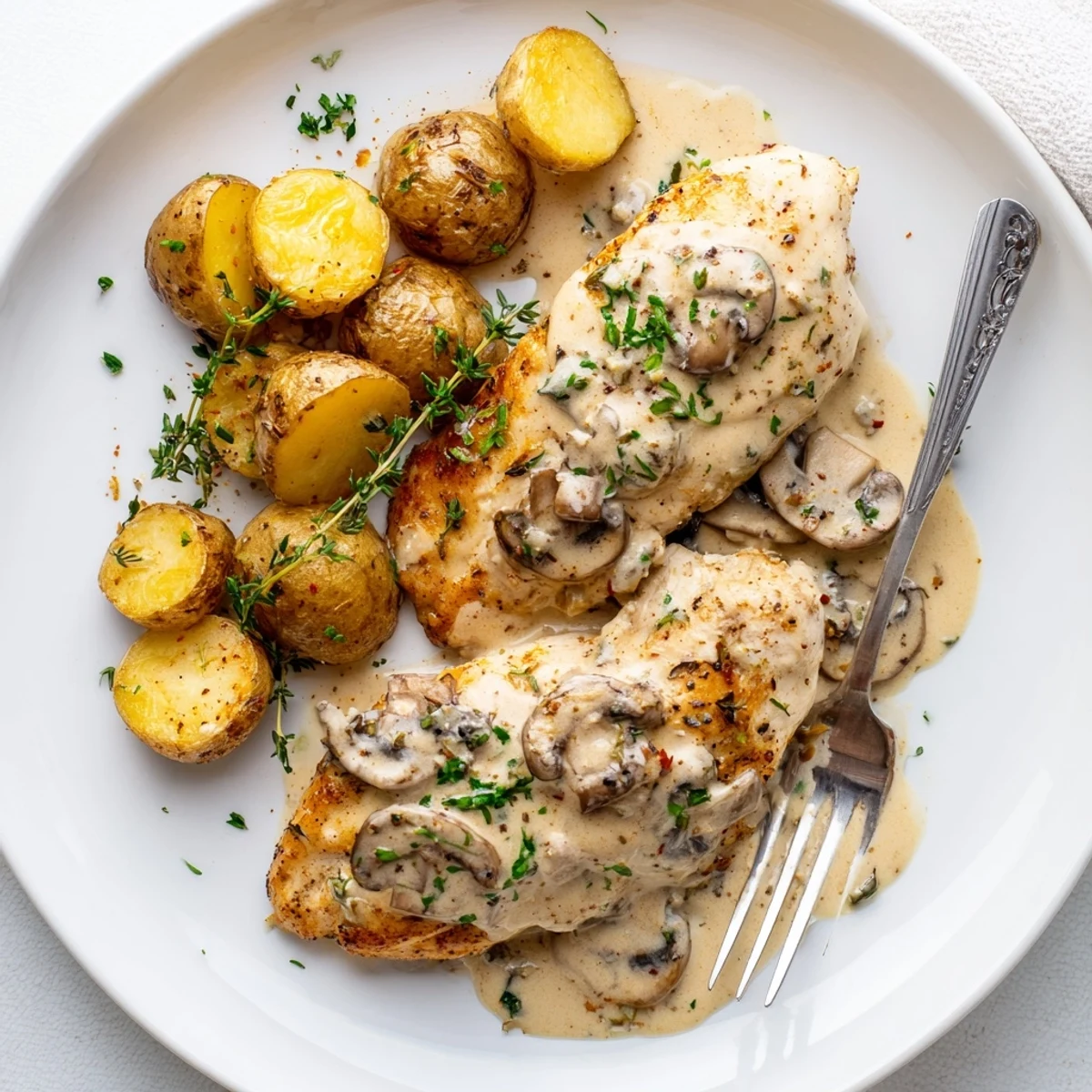 Pan-seared creamy mushroom chicken alongside crispy roasted potatoes garnished with fresh thyme
