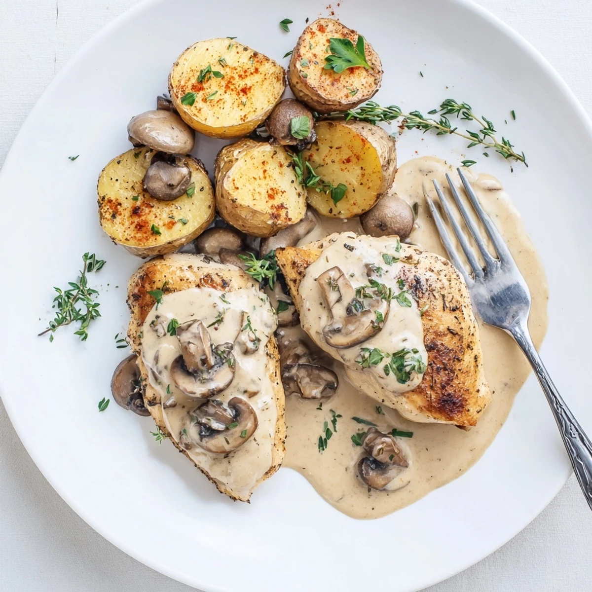 Tender chicken breasts smothered in velvety mushroom sauce with crispy herb potatoes