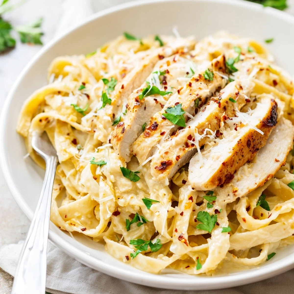 Creamy Garlic Parmesan Chicken Pasta topped with fresh parsley on a white plate