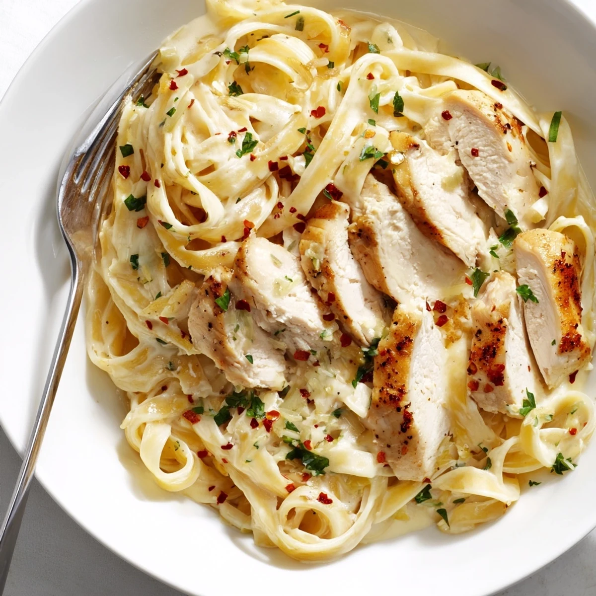 Twirled fettuccine coated in silky Creamy Garlic Parmesan Chicken Pasta cream sauce