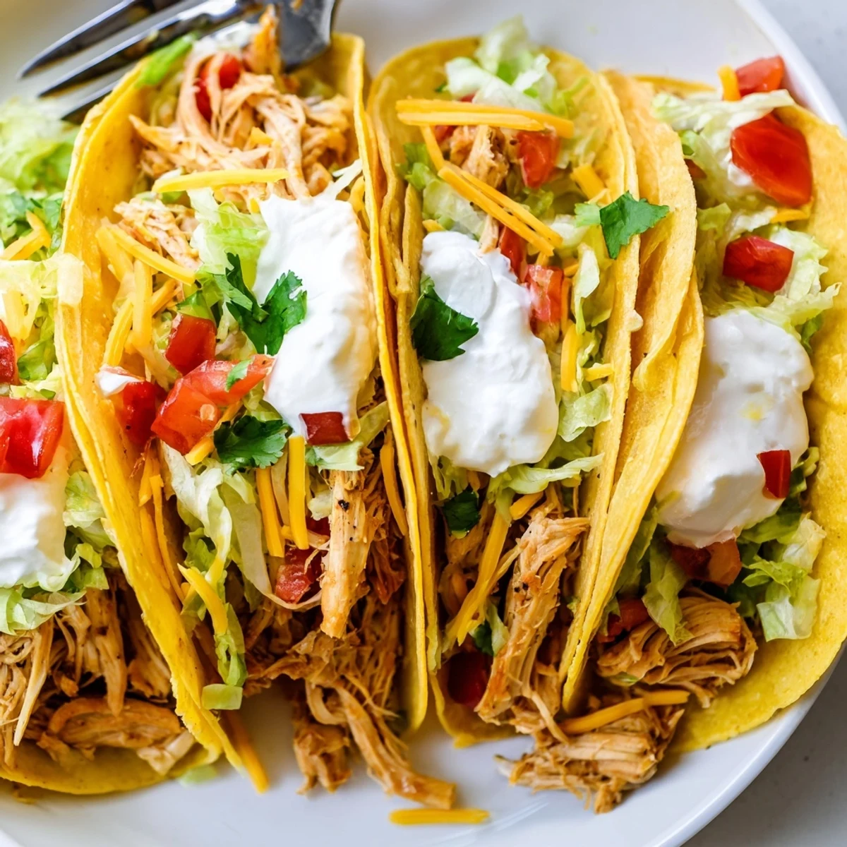 Slow Cooker Ranch Chicken Tacos topped with melted cheddar and fresh cilantro