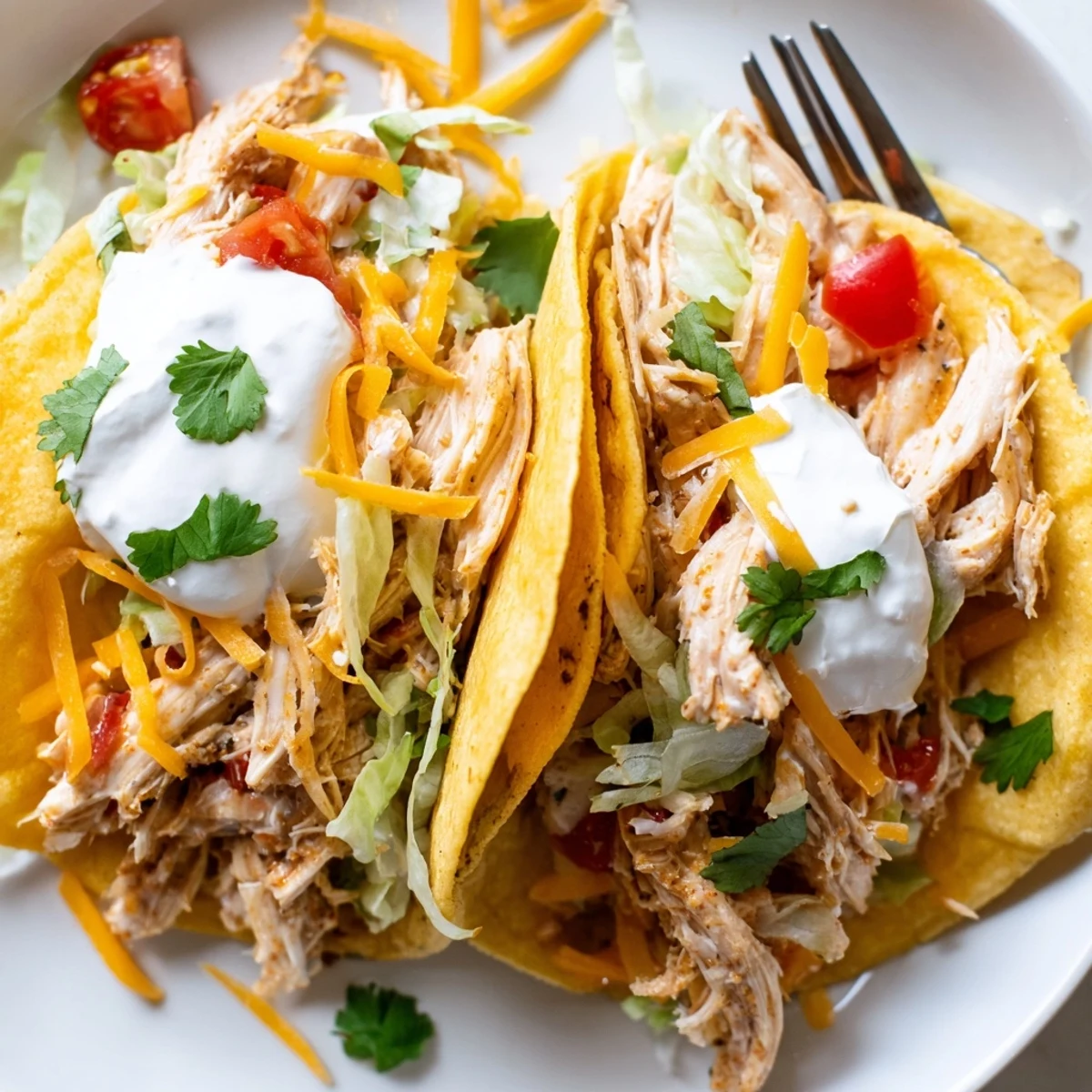 Juicy shredded Slow Cooker Ranch Chicken Tacos served in warm flour tortillas