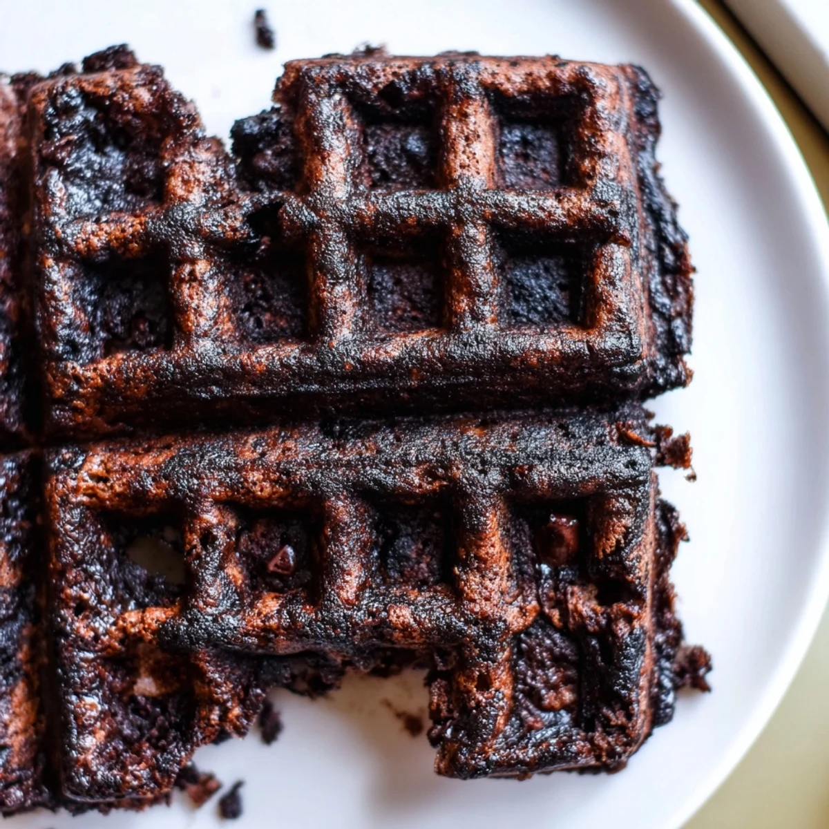 Crisp fudgy brownie waffles with melted chocolate chips on a rustic plate