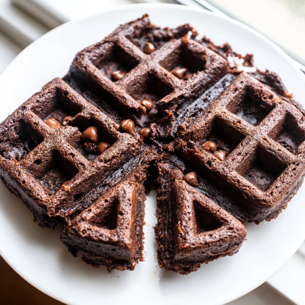 Warm fudgy brownie waffles drizzled with syrup and topped with ice cream