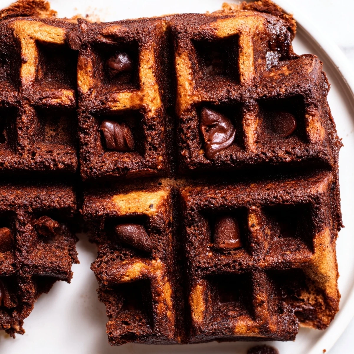 Golden-edged fudgy brownie waffles fresh off the iron dusted with powdered sugar