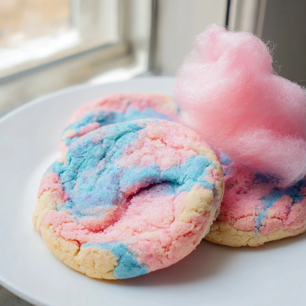 Golden-edged cotton candy cookies marbled in pastel pink and blue tones piled on a rustic platter
