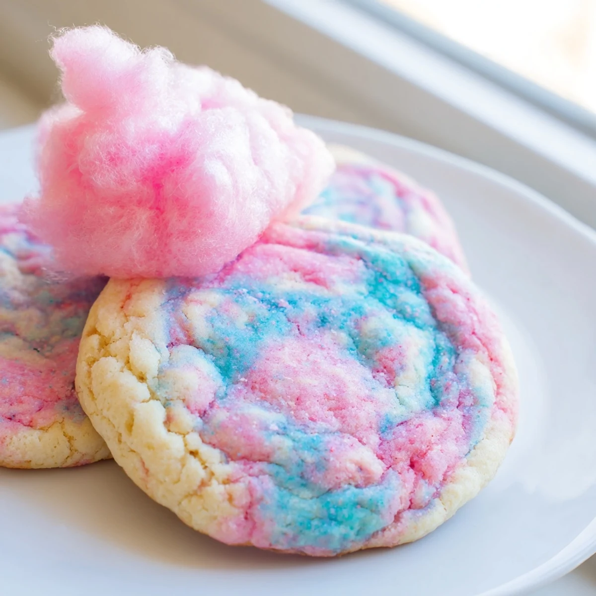 Soft cotton candy cookies with vibrant pastel swirls topped with fluffy spun sugar garnish