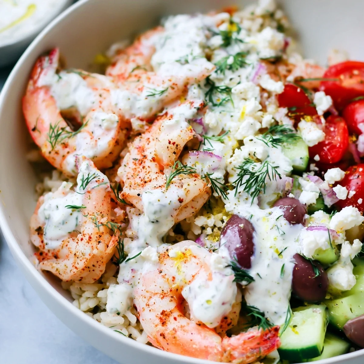 Juicy Greek Shrimp Mediterranean Bowl served over lemony rice with cool tzatziki