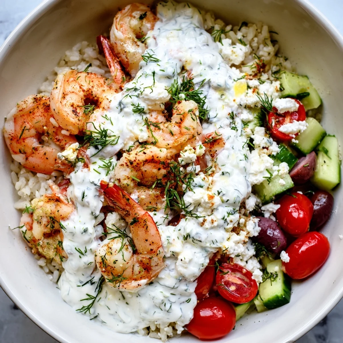 Golden seared shrimp topping a colorful Greek Shrimp Mediterranean Bowl with fresh vegetables