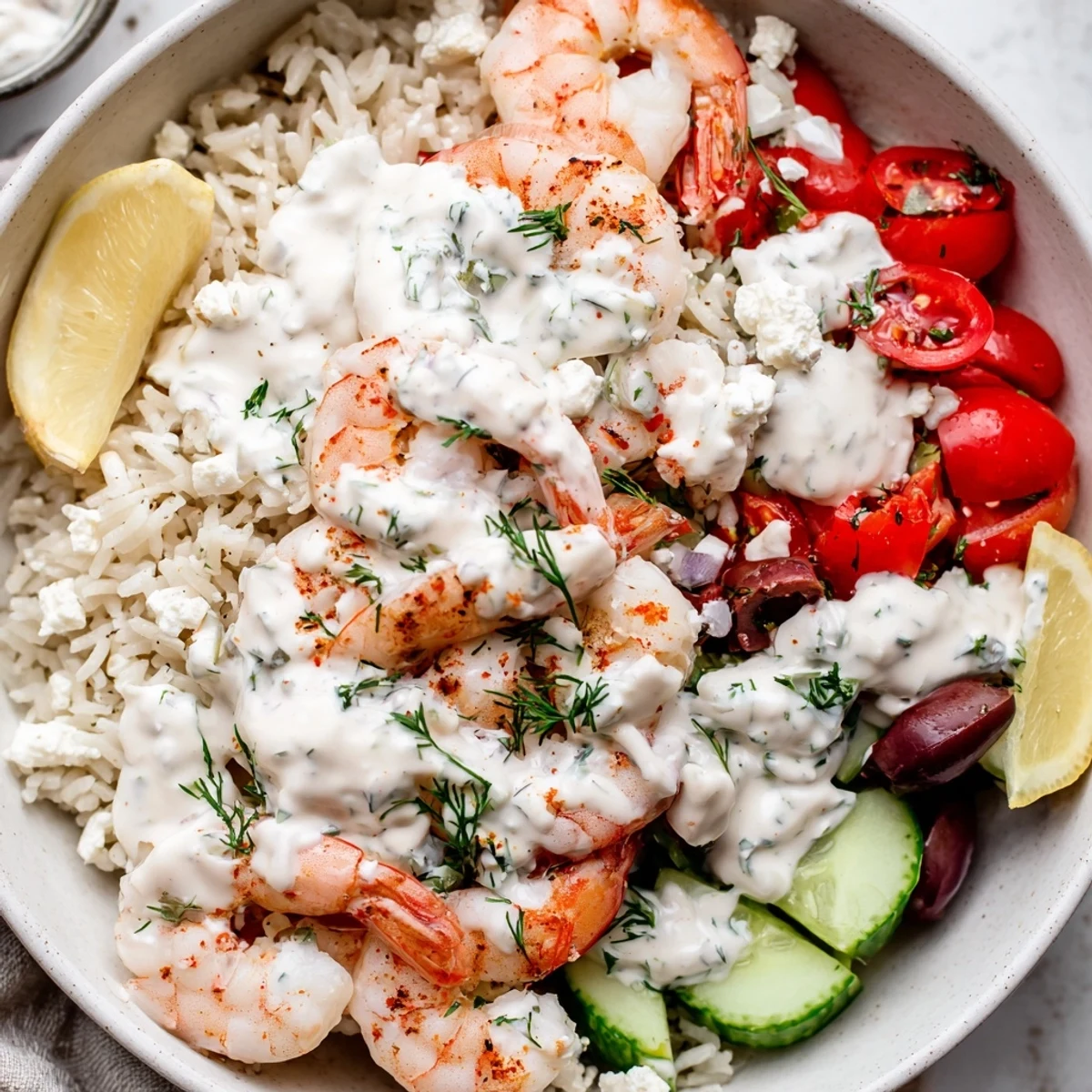 Creamy tzatziki drizzled over a vibrant Greek Shrimp Mediterranean Bowl with crisp cucumbers