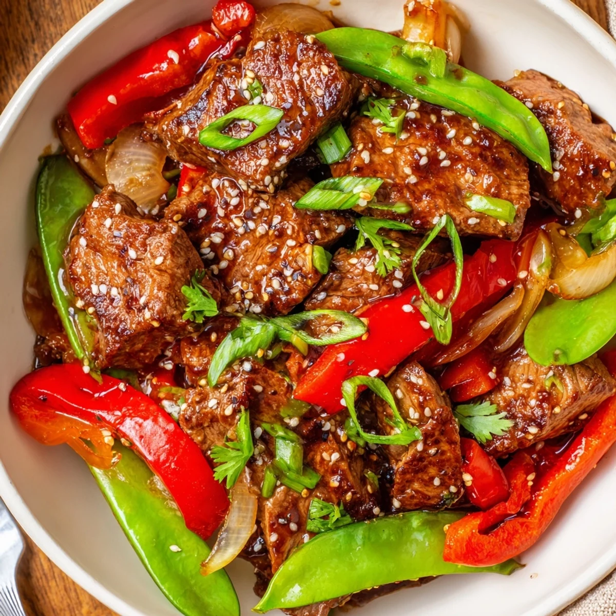 Asian inspired cube steak with glossy soy glaze and crisp colorful stir fried vegetables