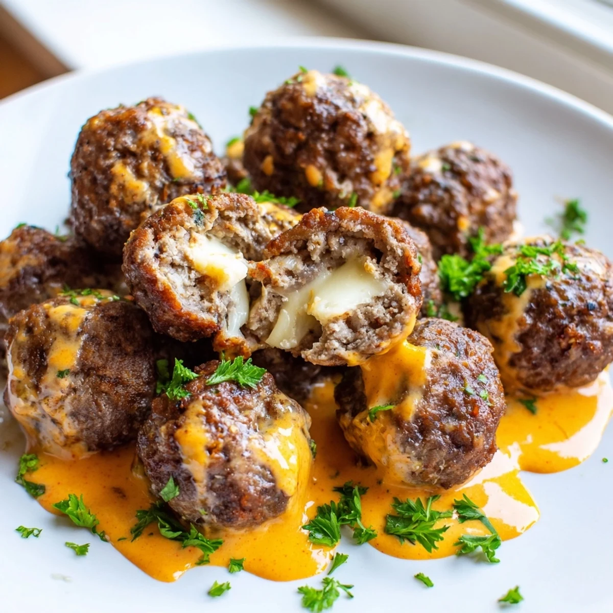 Golden cheese stuffed meatballs smothered in creamy spicy cheese sauce on a rustic plate