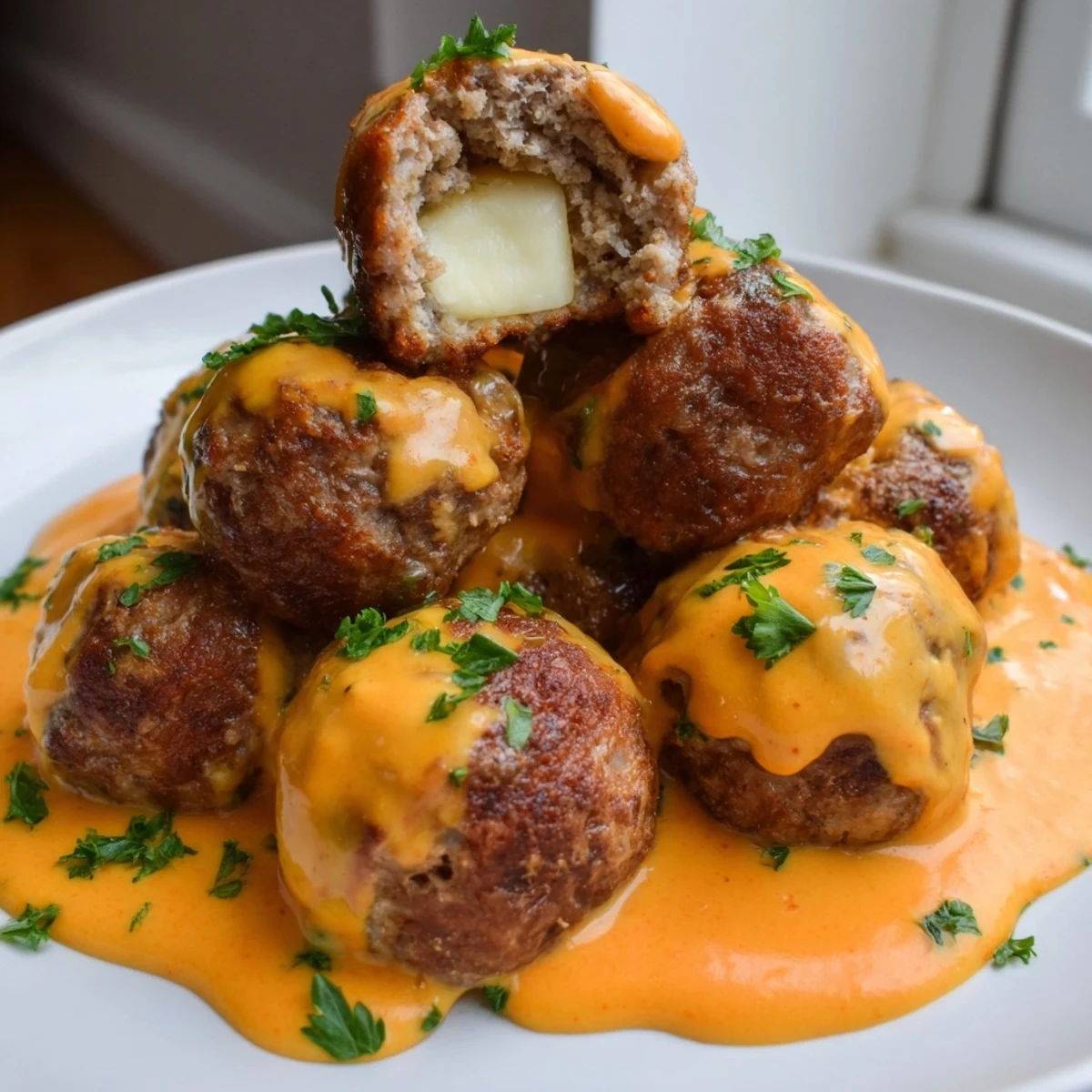 Hearty cheese stuffed meatballs nestled in spicy cheese sauce sprinkled with fresh chopped parsley