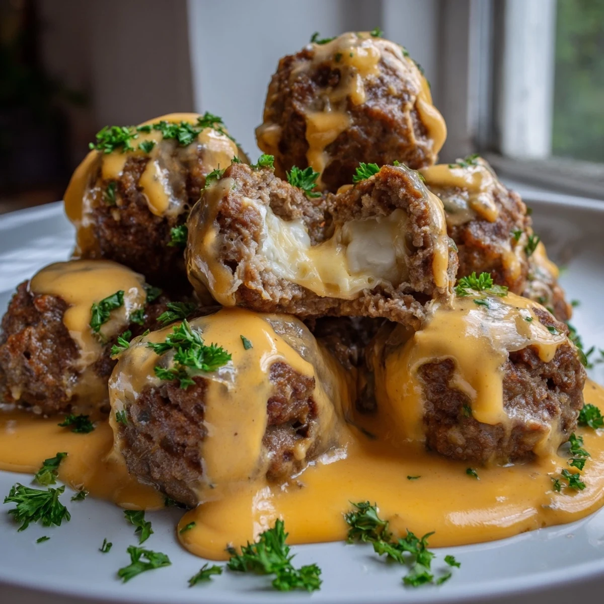 Close-up of tender cheese stuffed meatballs dripping with warm spicy cheddar sauce