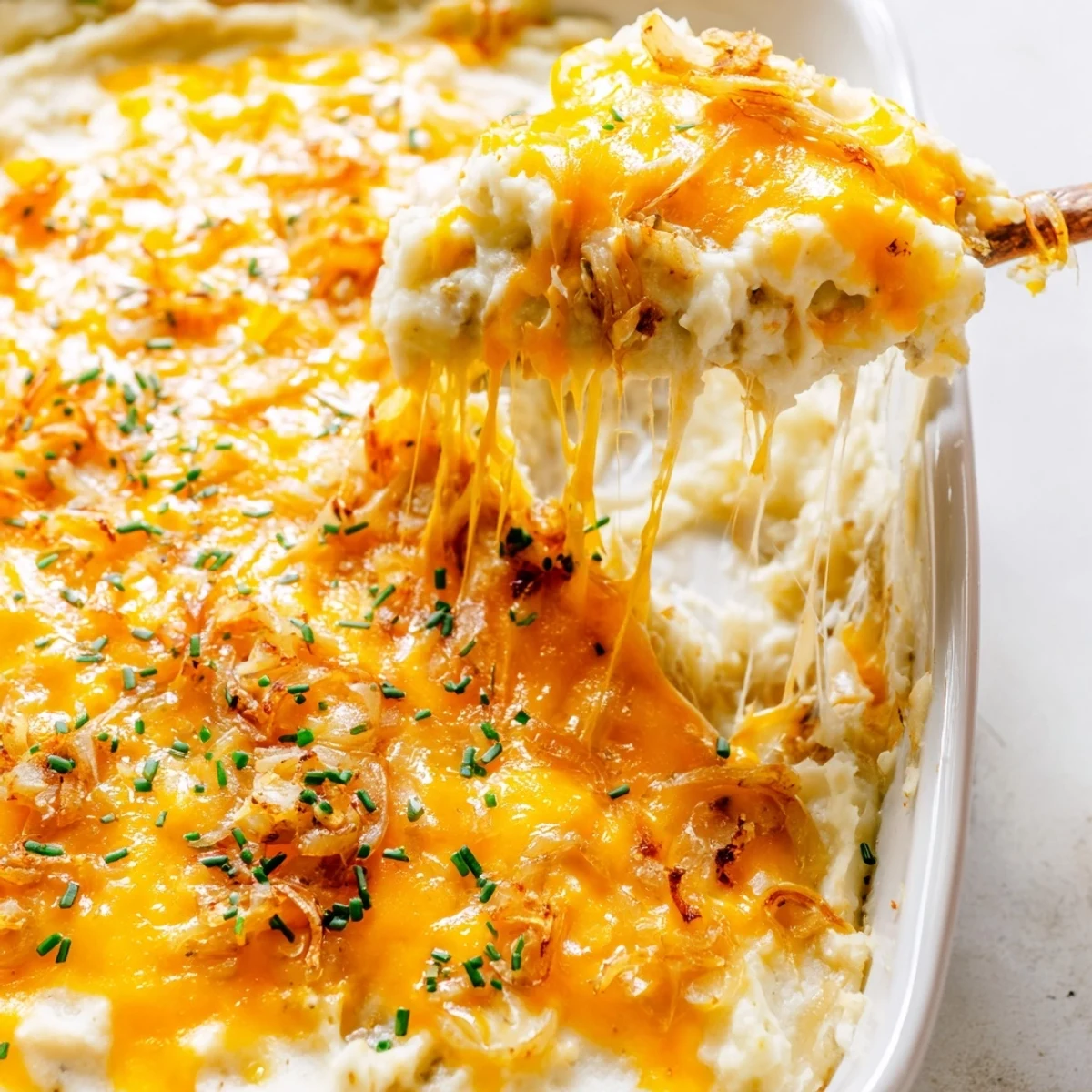 Golden bubbly Cheesy Onion Mashed Potato Casserole fresh from the oven with melted cheddar on top