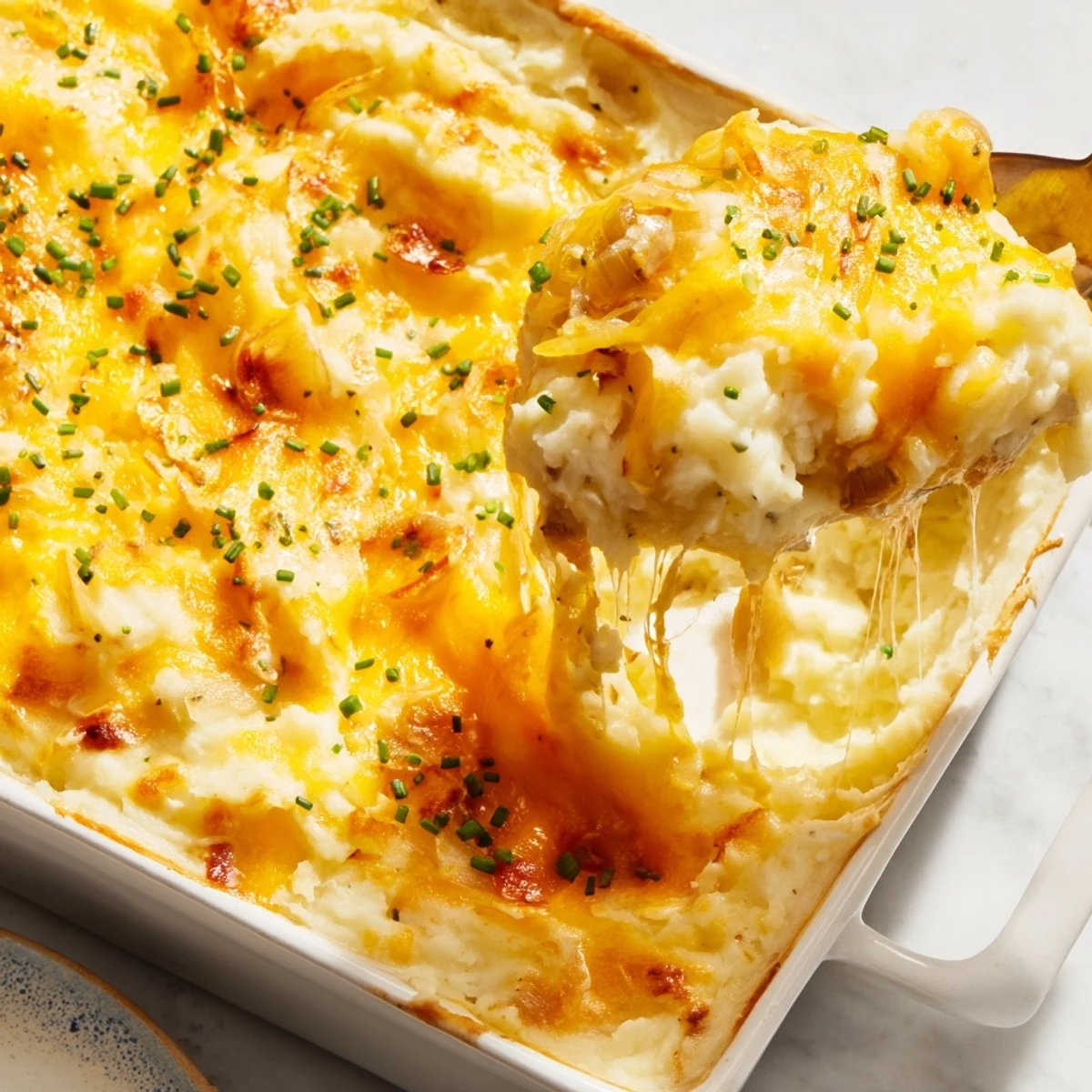 Creamy spoonful of Cheesy Onion Mashed Potato Casserole topped with caramelized onions and fresh chives