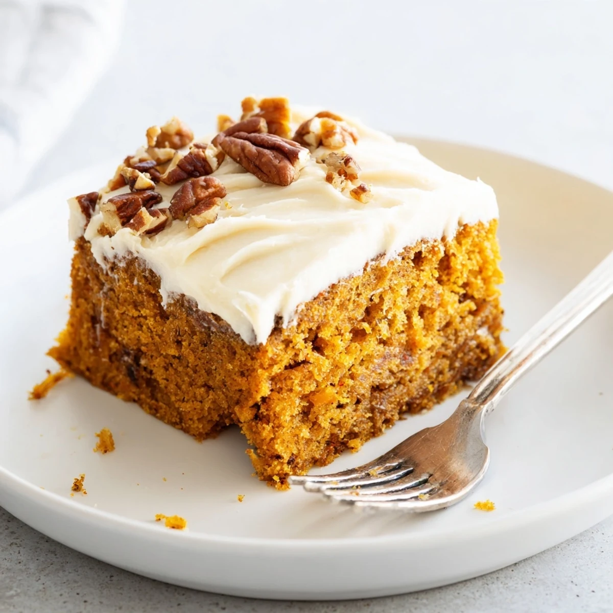Thick cinnamon cream cheese icing spread over a spiced pumpkin pecan cake with toasted nuts