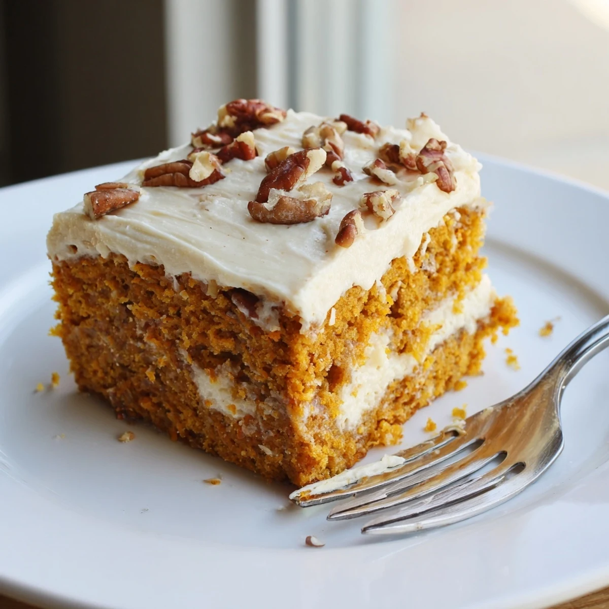 Warm slice of pumpkin pecan cake with cinnamon cream cheese icing on a rustic plate