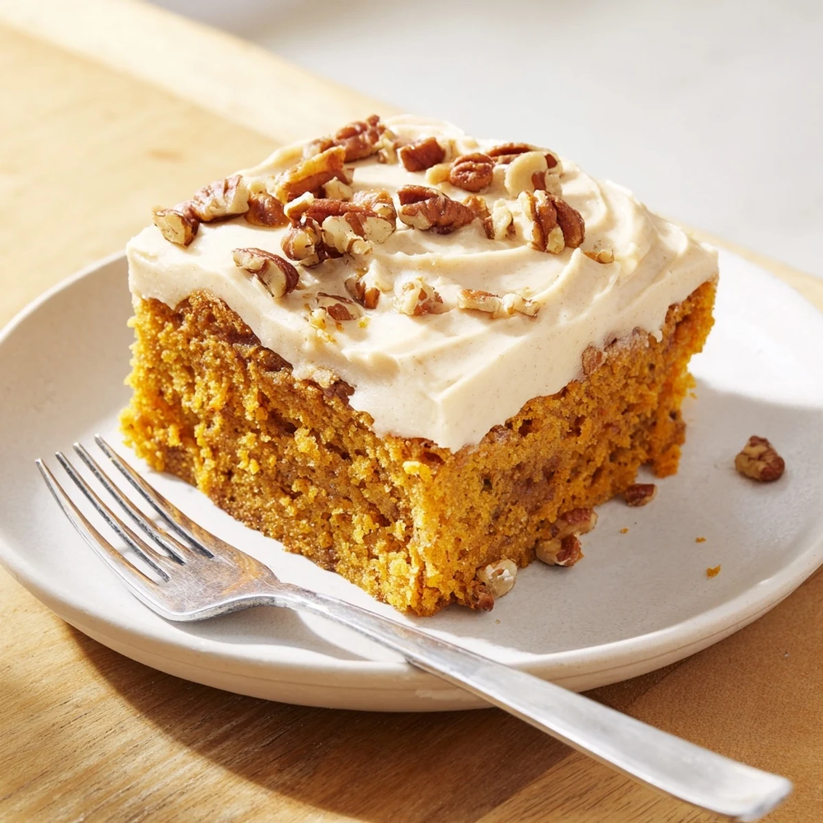 Golden pumpkin pecan cake topped with fluffy cinnamon cream cheese icing, garnished with chopped pecans