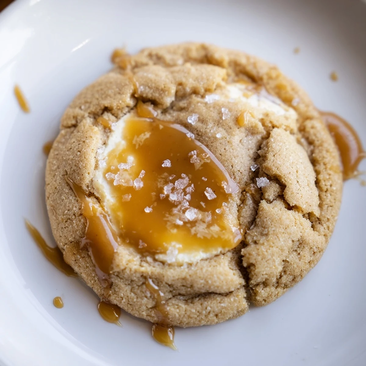 Soft caramel cheesecake cookies with golden edges and gooey caramel drizzle on parchment