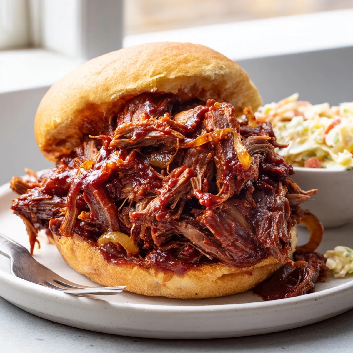 Slow Cooker BBQ Pulled Beef piled high on a toasted bun with creamy coleslaw