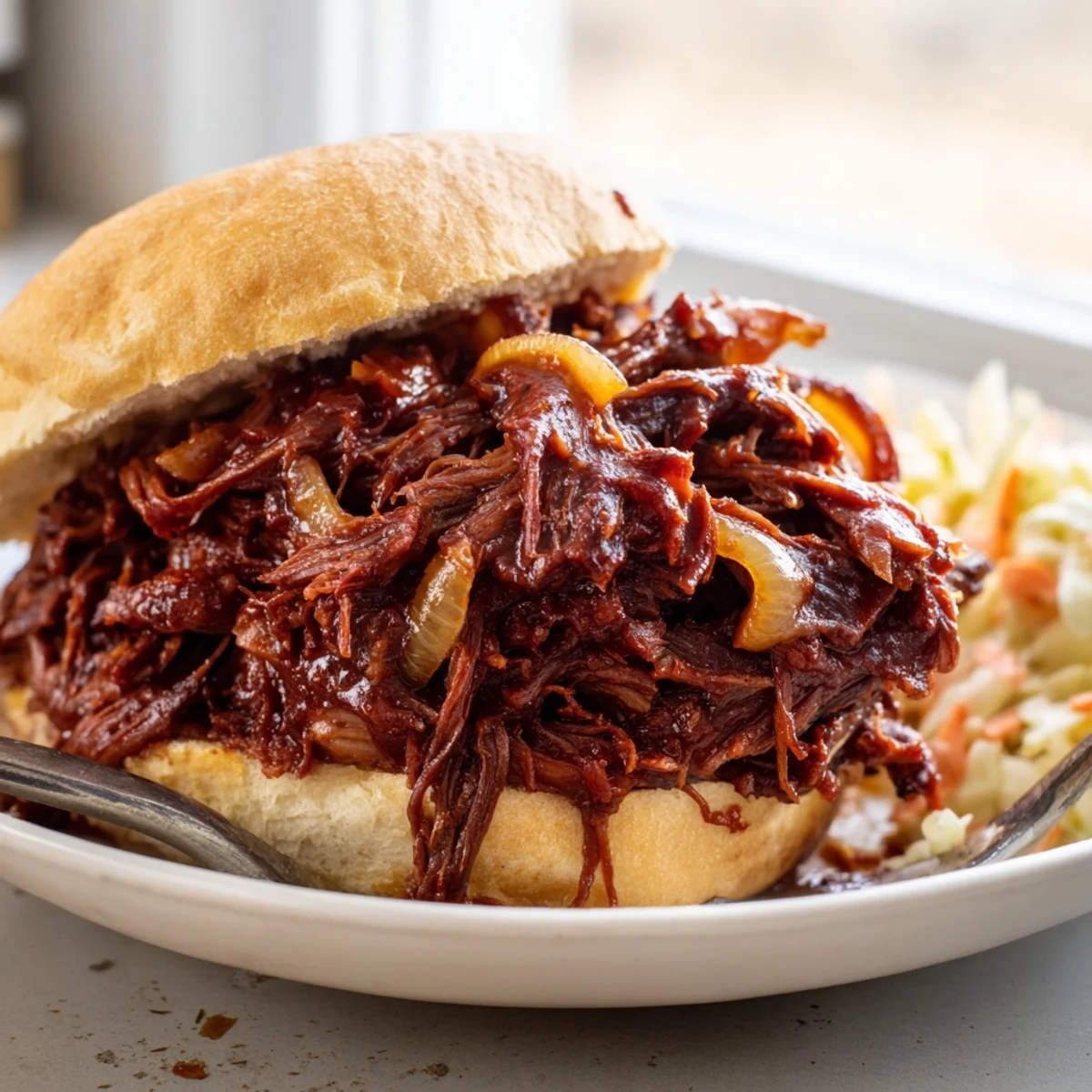 Tender Slow Cooker BBQ Pulled Beef shredded and glistening in rich, smoky barbecue sauce