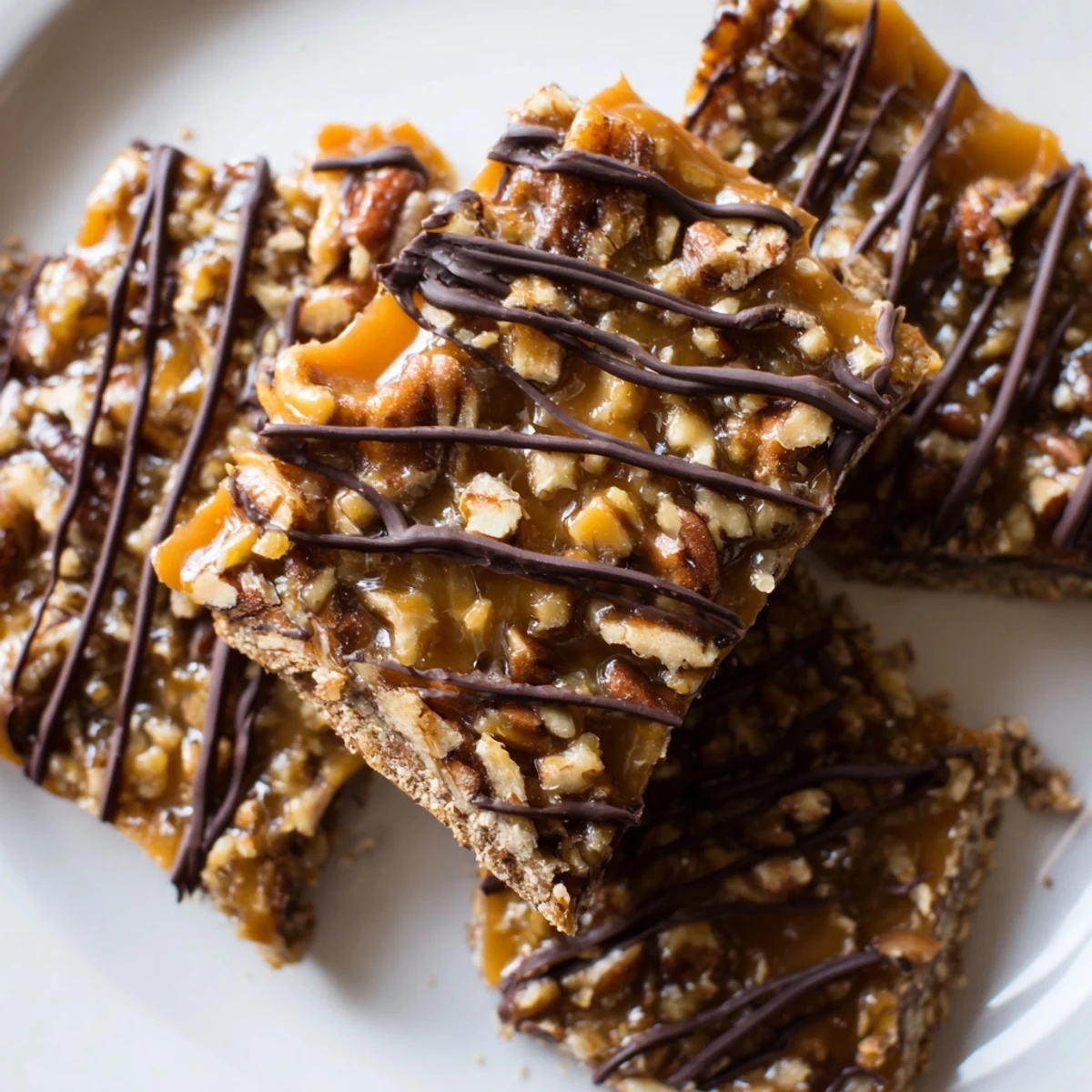 Golden pecan pie bark with caramelized topping drizzled in rich dark chocolate