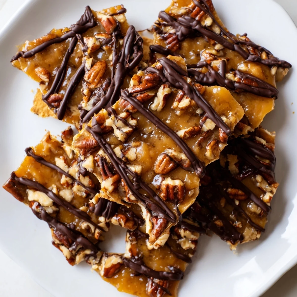 Buttery pecan pie bark studded with crunchy caramel coated nuts on graham crackers