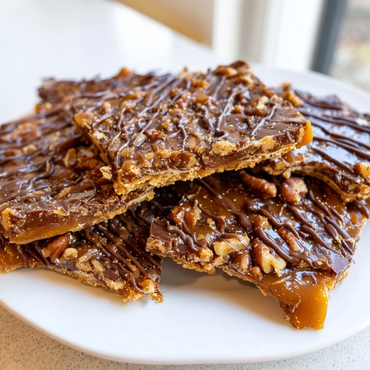 Homemade pecan pie bark broken into rustic shards topped with toasted nut halves