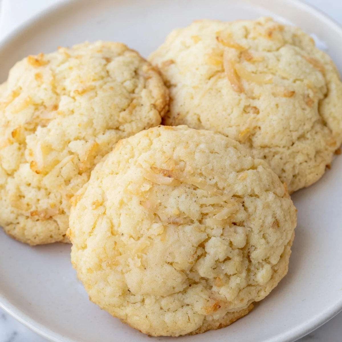 Soft and buttery coconut cookies arranged on a white plate beside a steaming mug of tea