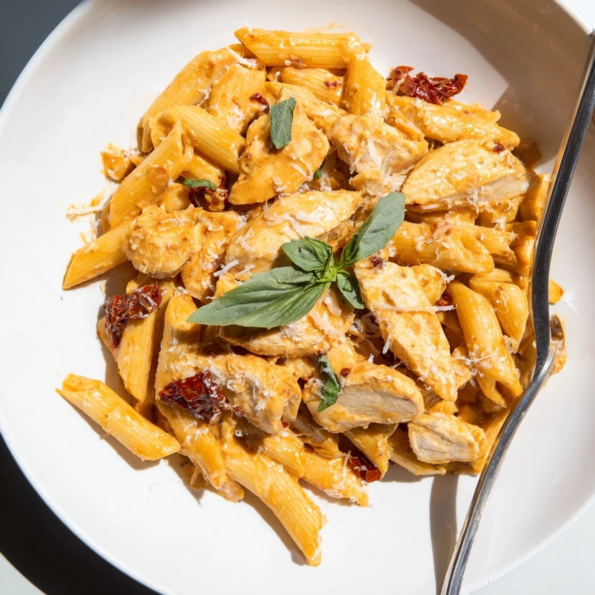 Creamy Sun Dried Tomato Marry Me Chicken Pasta topped with fresh basil leaves