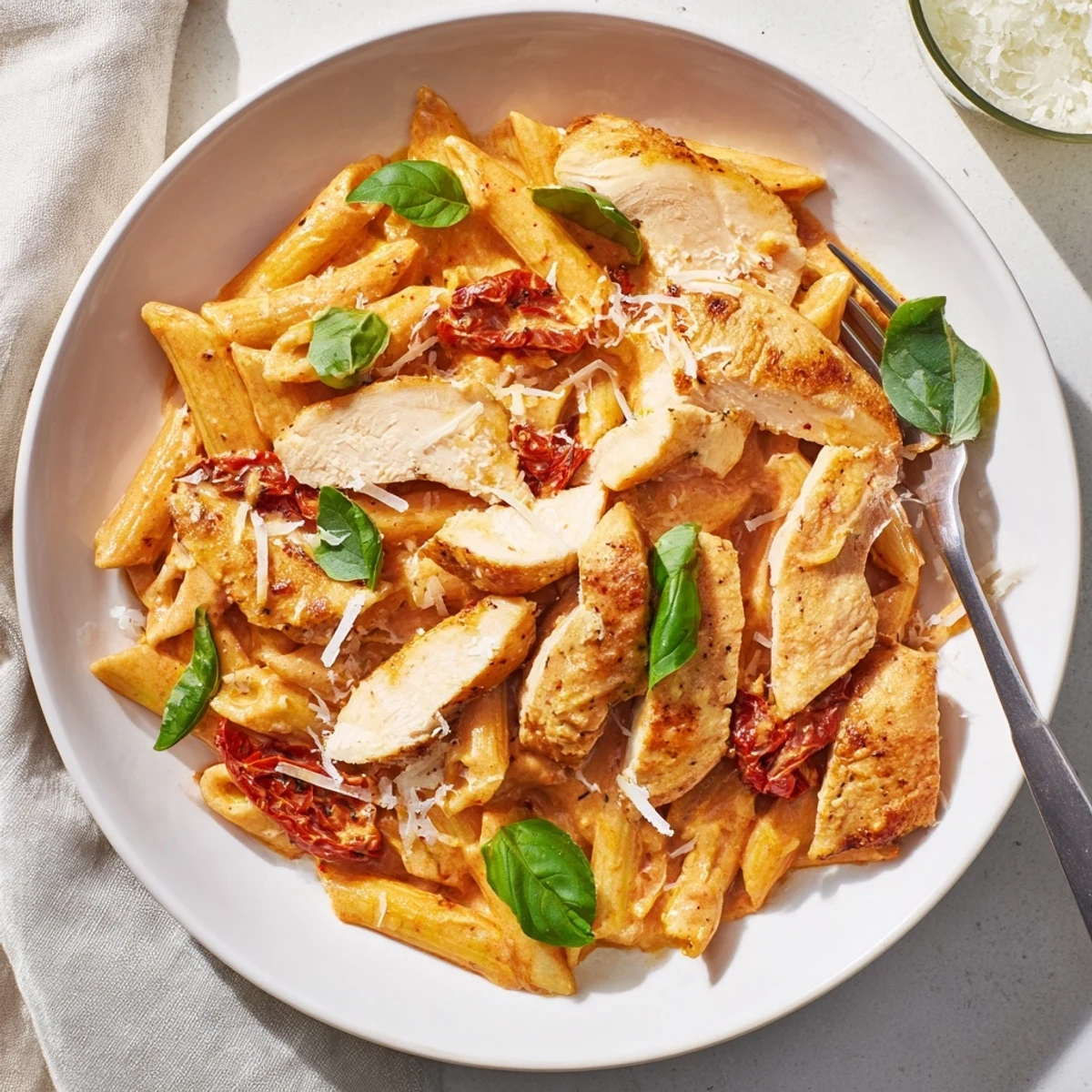 Steaming bowl of Sun Dried Tomato Marry Me Chicken Pasta with melted Parmesan