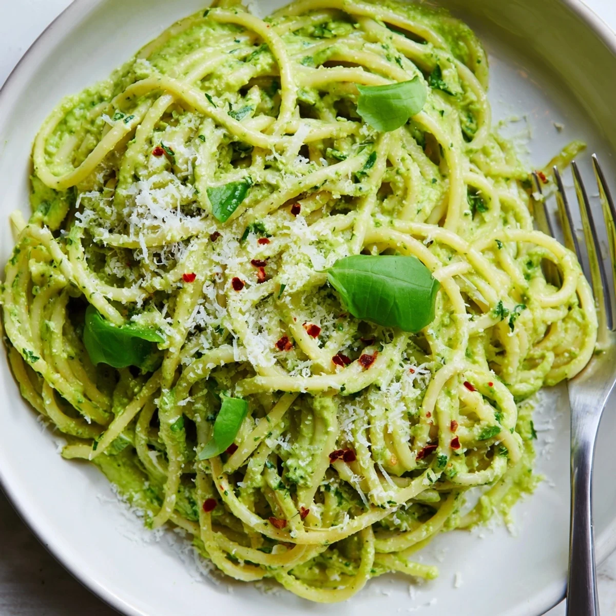 Silky green goddess pasta sauce tossed with spaghetti and garnished with basil