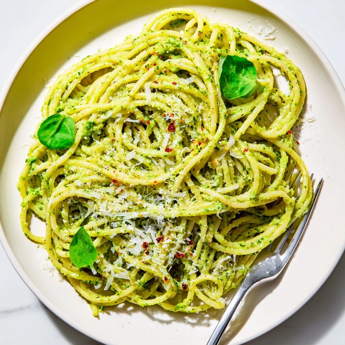 Vibrant green goddess pasta sauce blended smooth and served in a bowl