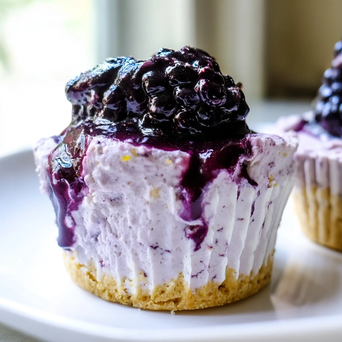 Creamy no bake mini blackberry lavender cheesecakes in paper liners drizzled with jammy fruit topping