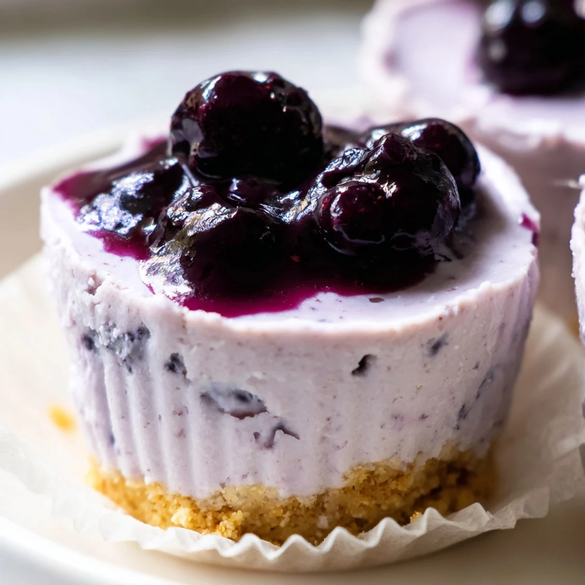 No bake mini blackberry lavender cheesecakes topped with glossy purple berry sauce on graham crusts