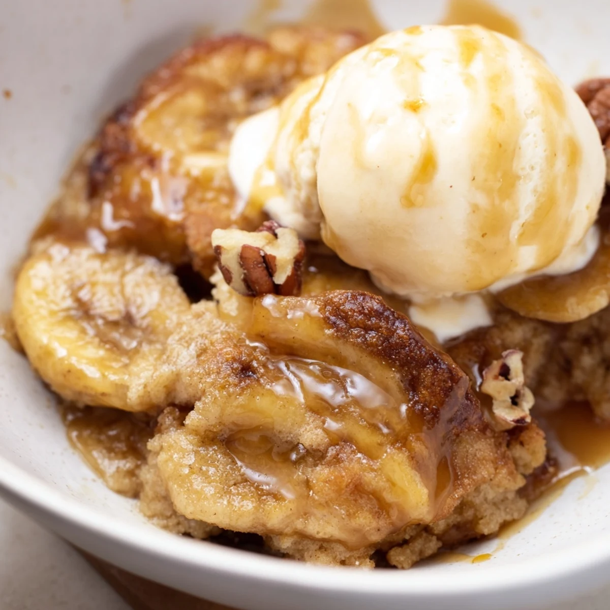 Warm Southern Banana Cobbler scooped into a bowl topped with a melting scoop of vanilla ice cream