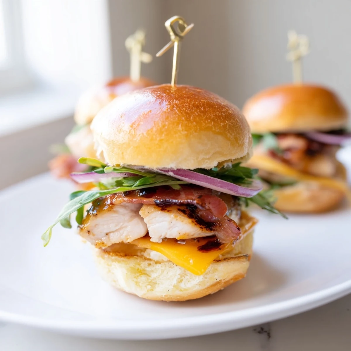 Crispy bacon and glazed chicken stacked on mini slider buns with arugula