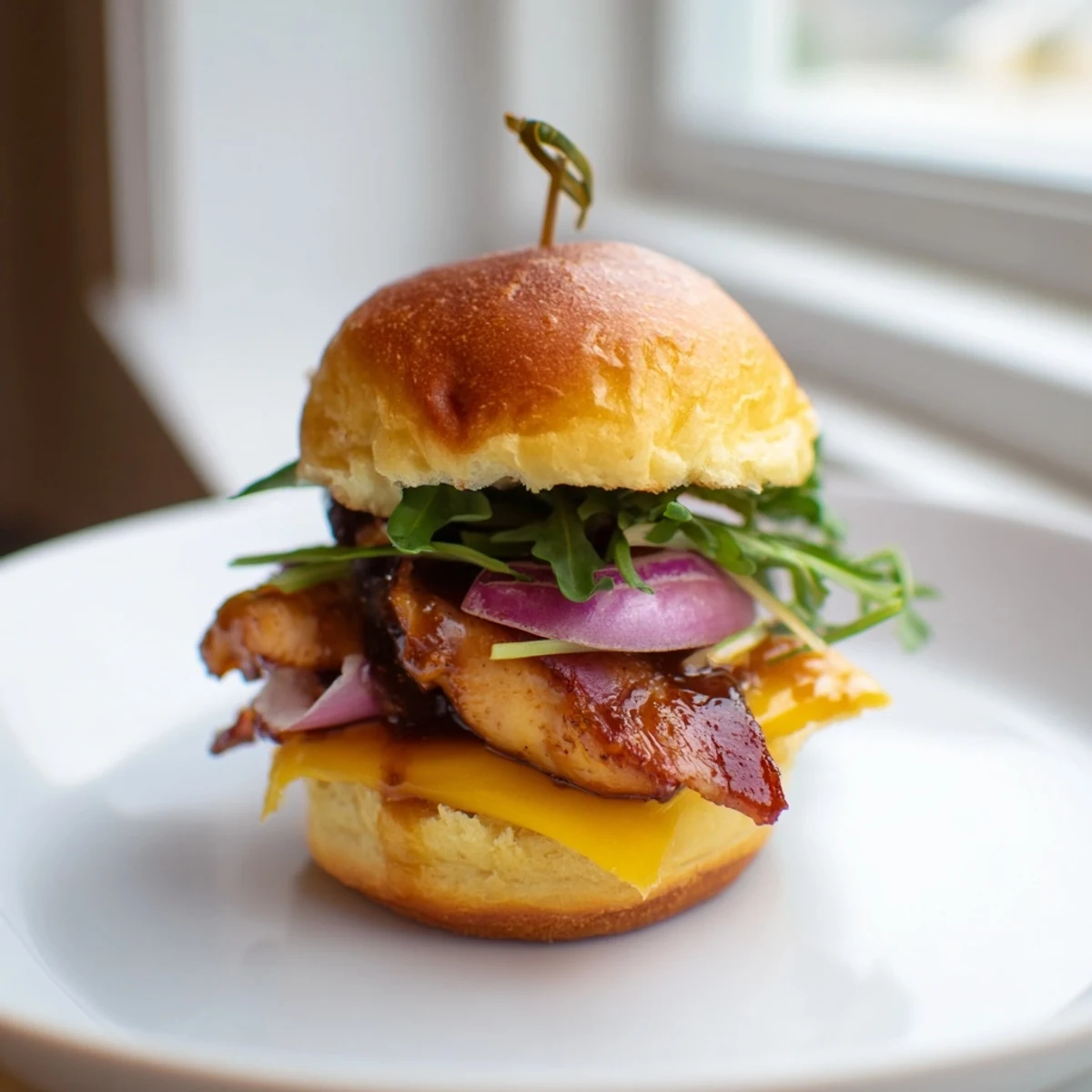Golden maple chicken bacon sliders with melted cheese on toasted brioche buns