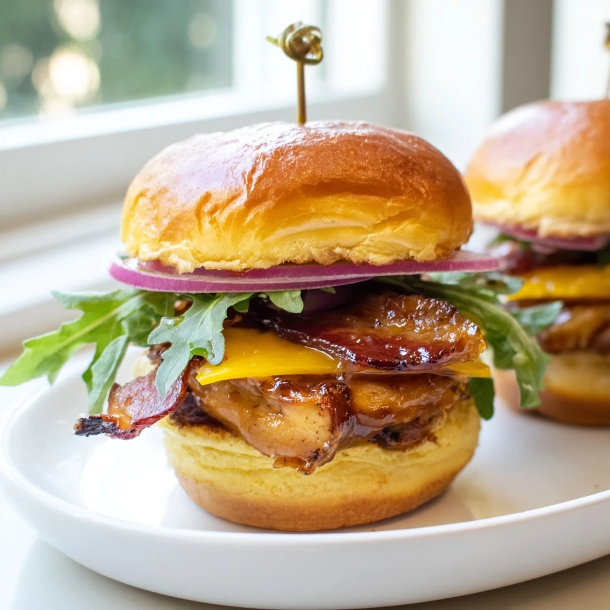 Maple chicken bacon sliders topped with melted cheddar and crispy bacon strips