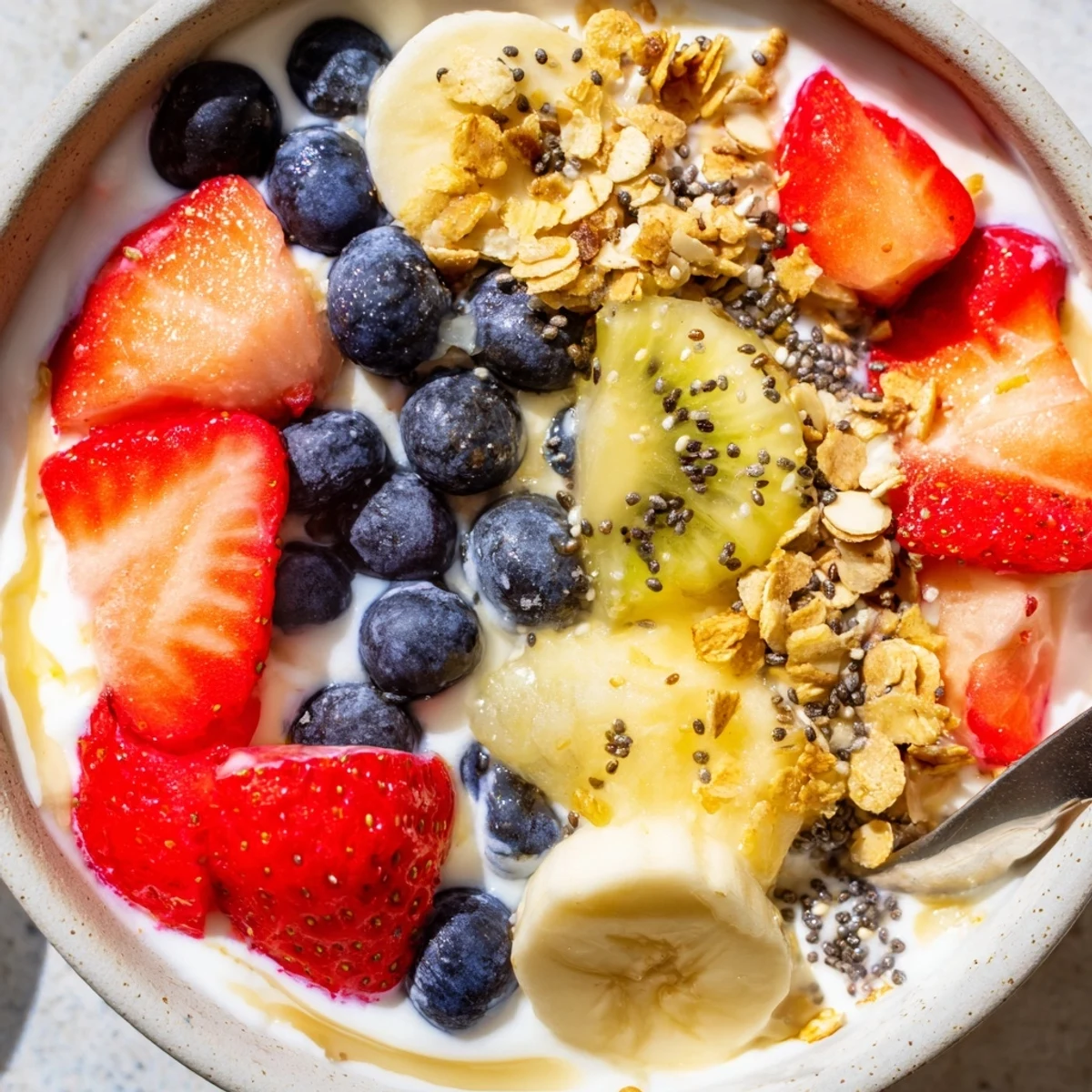 Creamy yogurt fruit bowl topped with fresh strawberries, blueberries, and crunchy granola