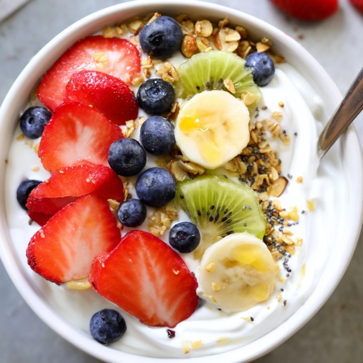 Vibrant yogurt fruit bowl featuring sliced banana, kiwi, and a drizzle of honey