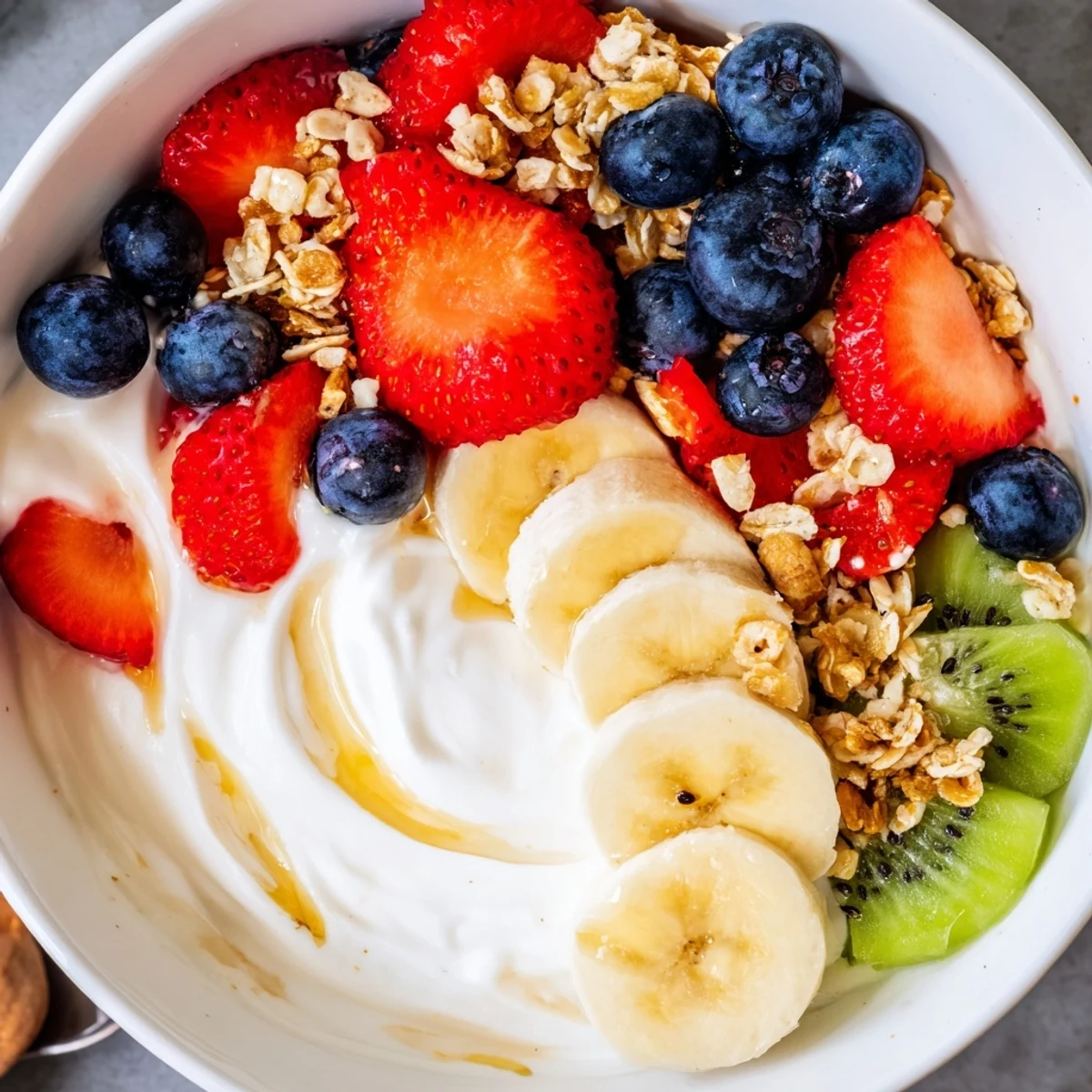 Colorful yogurt fruit bowl garnished with mixed berries, chia seeds, and toasted almonds